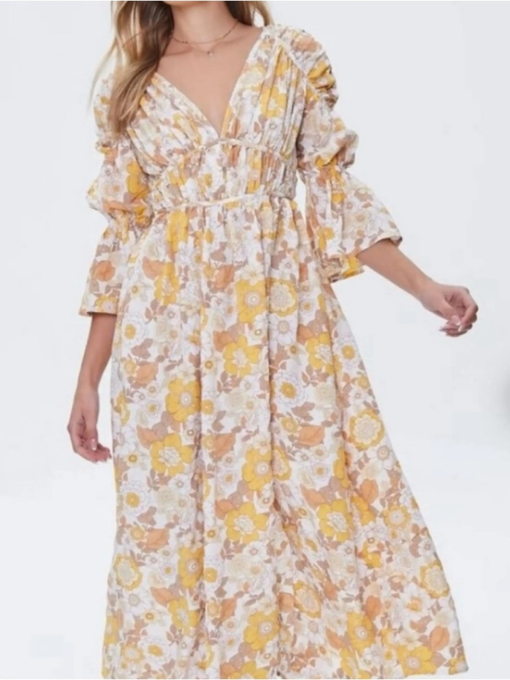 Forever 21 Cream and Yellow Floral Maxi Dress with Puff Sleeves